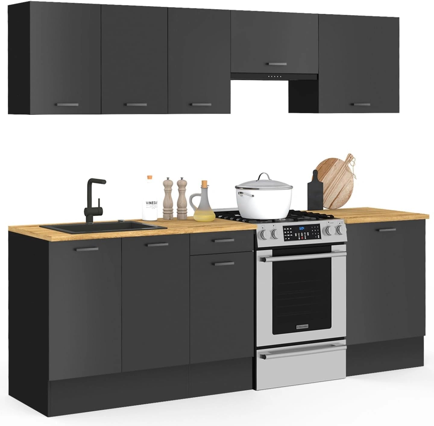 Ensemble de Cuisine Moderne 240 cm avec 7 Modules Noir et Bois