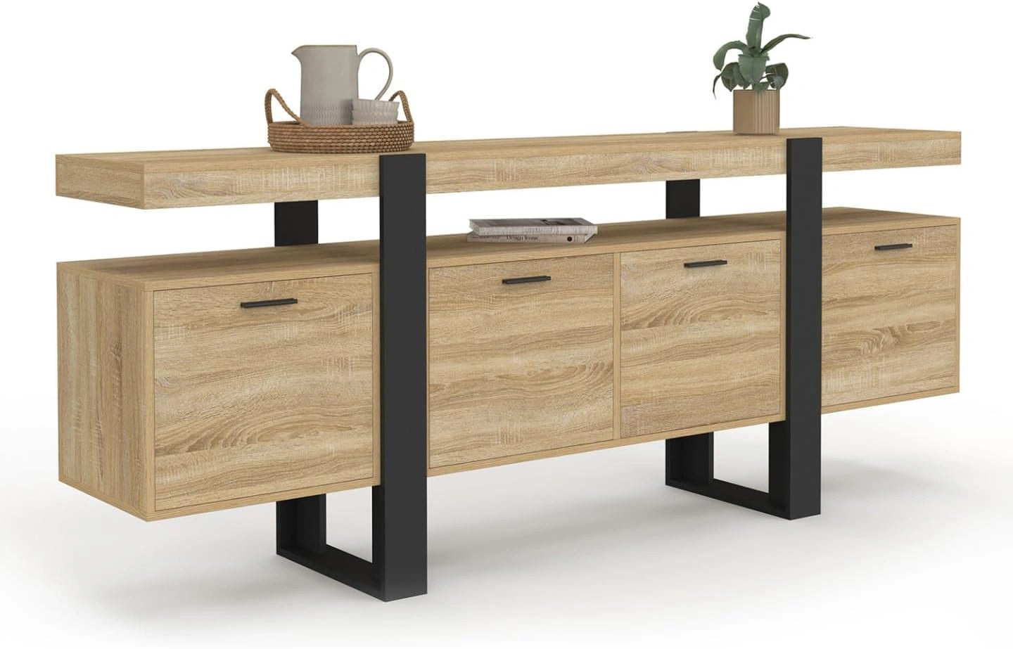 Grand Buffet Enfilade 200 cm Phoenix XXL avec 4 Portes et Niche en Bois et Noir