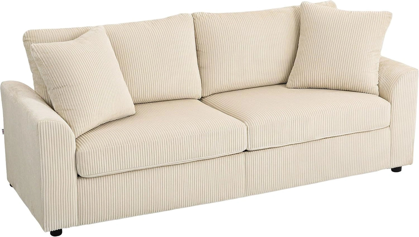 Canap¨¦ 3 Places en Velours C?tel¨¦ avec Oreillers et Coussinets ¨¤ Ressorts, Design Moderne pour Salon, Chambre ou Bureau, Cr¨¨me