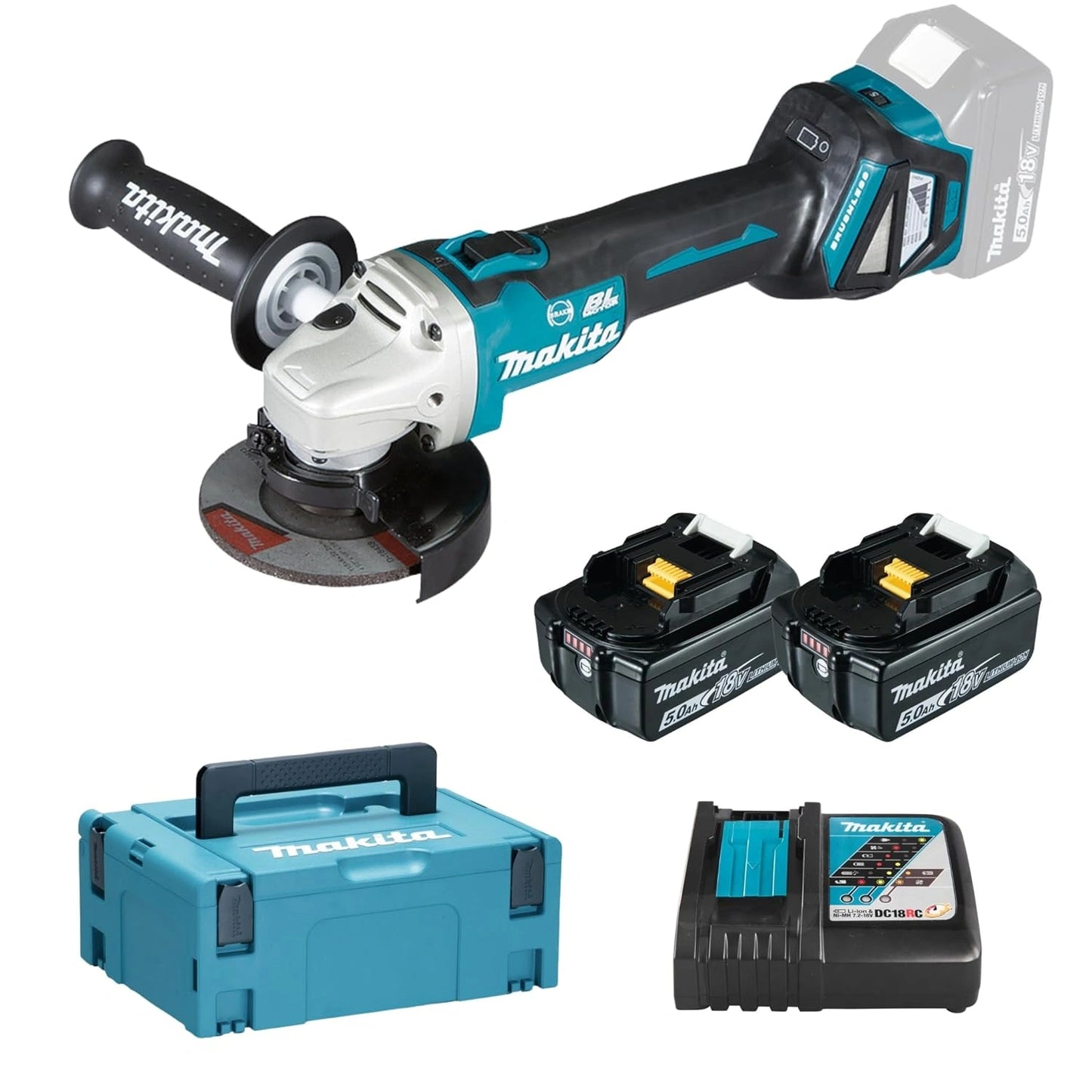 Meuleuse d'angle sans fil 18V LXT 125mm avec 2 batteries 5,0 Ah et MAKPAC - MAKITA