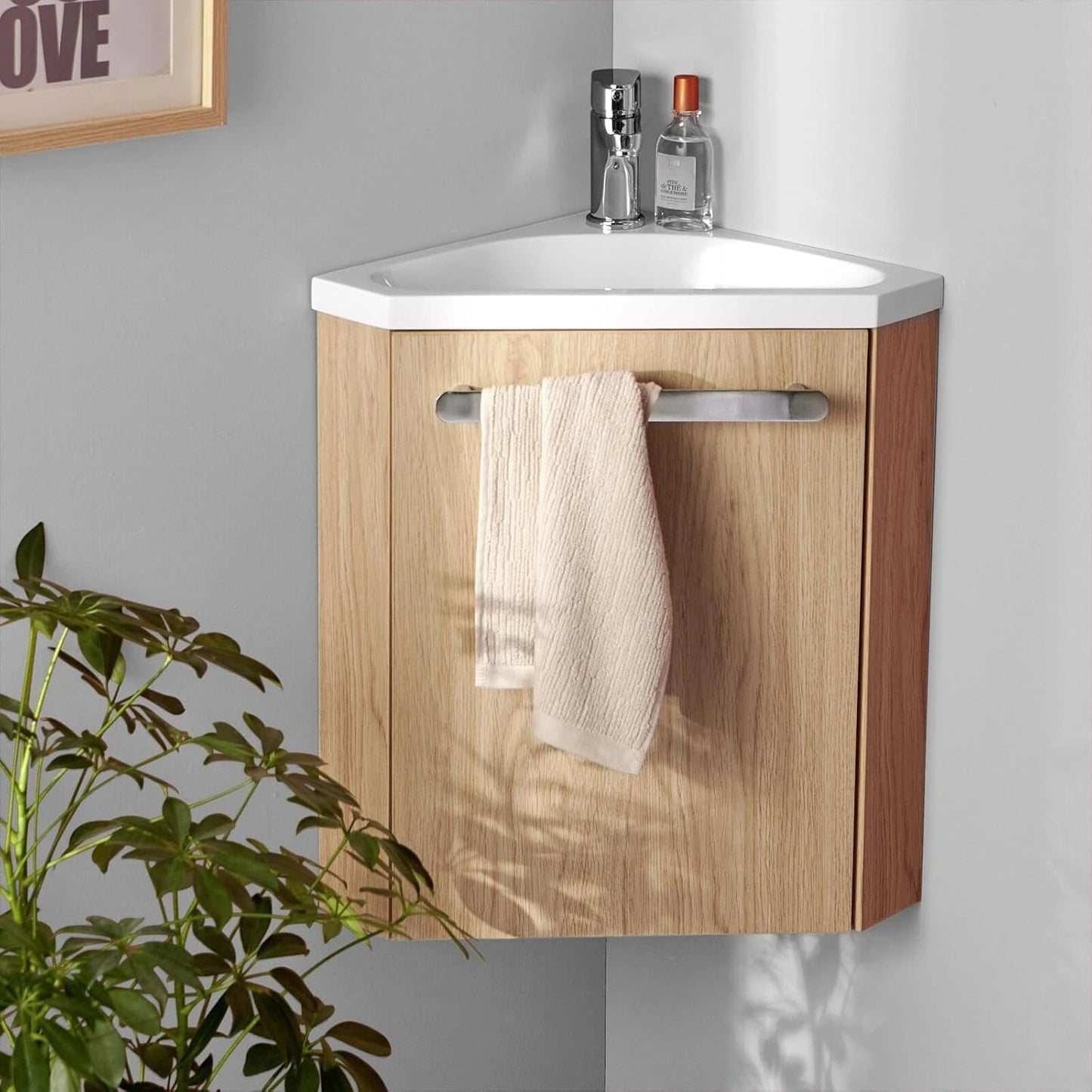 Meuble Lave-Mains en Ch¨ºne avec Vasque Blanche et Robinet Chrom¨¦