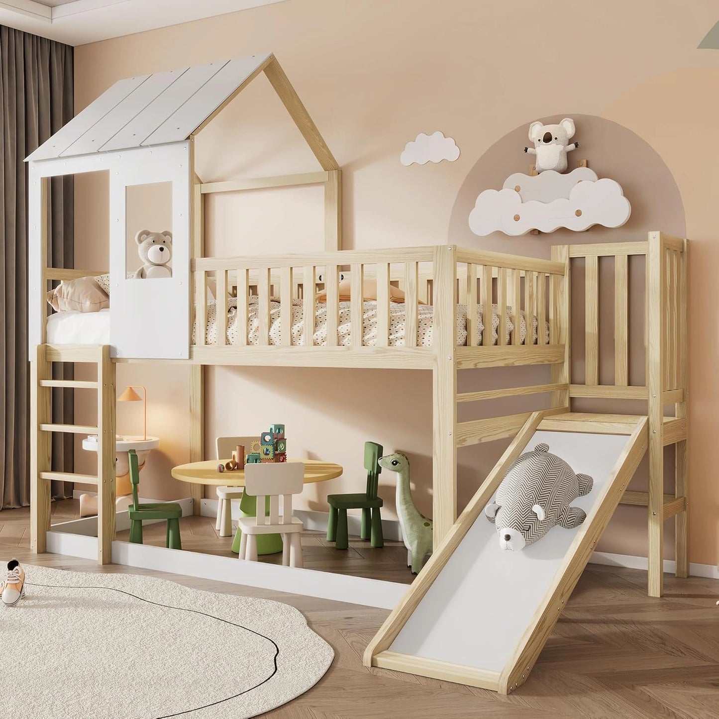 Lit Enfant Mezzanine avec Toboggan et Toit en Bois de Pin 90x200