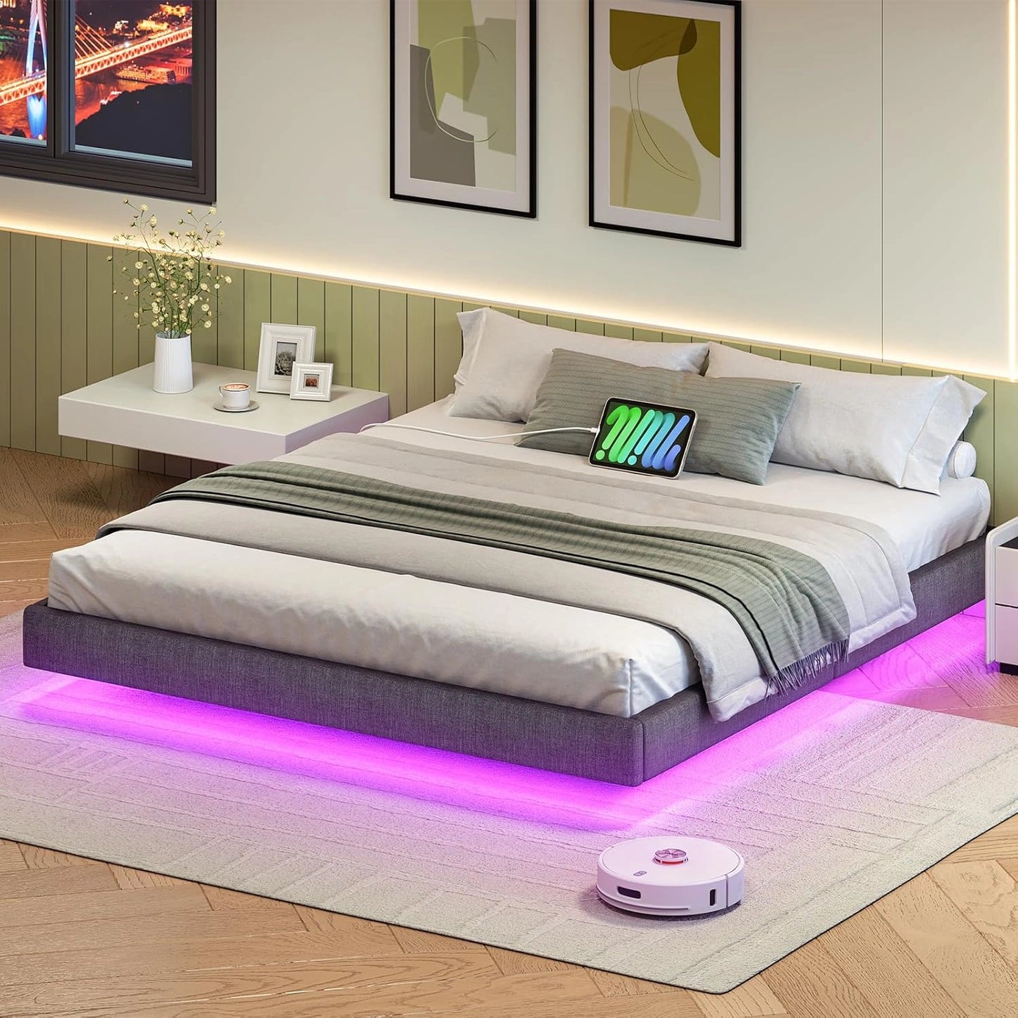 Lit Double 180x200 cm avec Chargeur et LED, Cadre en M¨¦tal, Montage Facile, Gris Fonc¨¦