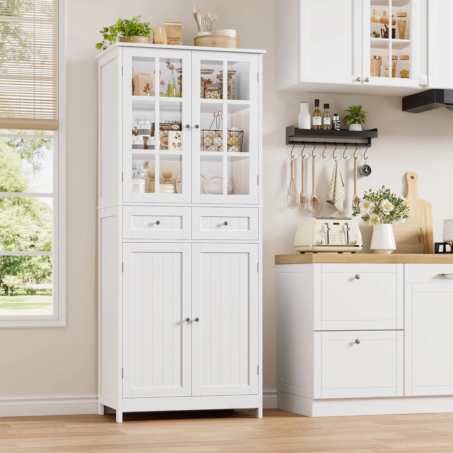 HOCSOK Armoire de Cuisine Moderne 180 cm, Vaisselier Blanc avec Portes Vitr¨¦es et Tiroirs