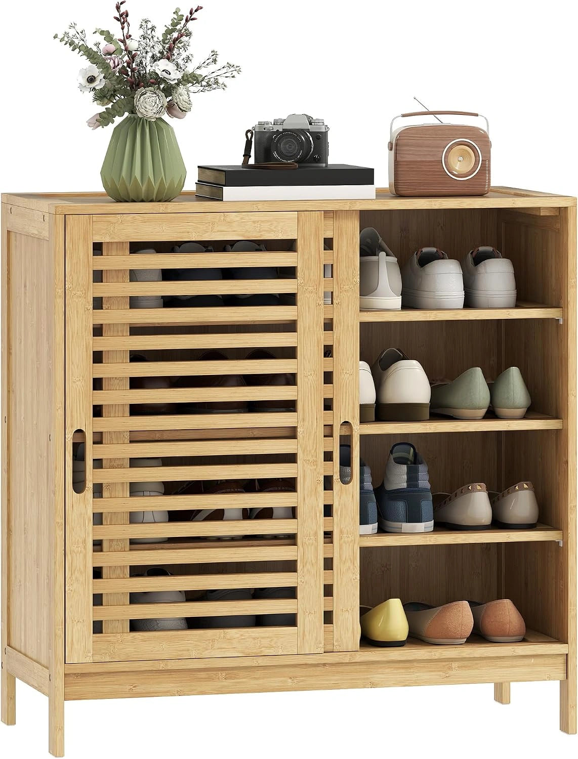 Armoire ¨¤ Chaussures Nordique en Bambou, 4 Niveaux, 2 Portes Coulissantes, ¨¦tag¨¨res R¨¦glables, 80x35x80cm