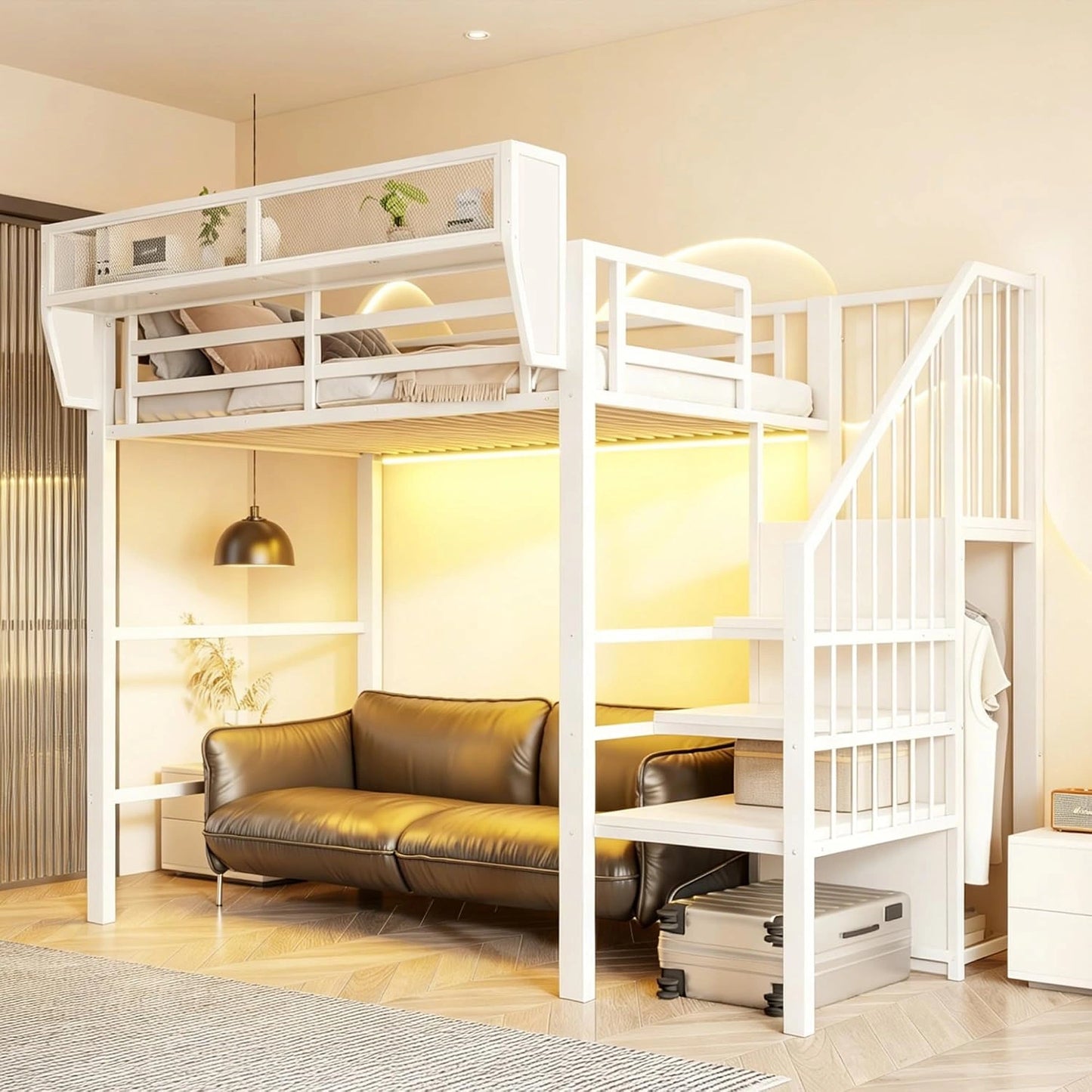 Lit mezzanine en m¨¦tal 90x200 cm avec LED, ¨¦chelle s¨¦curis¨¦e et rangement, pour enfants et adultes, blanc