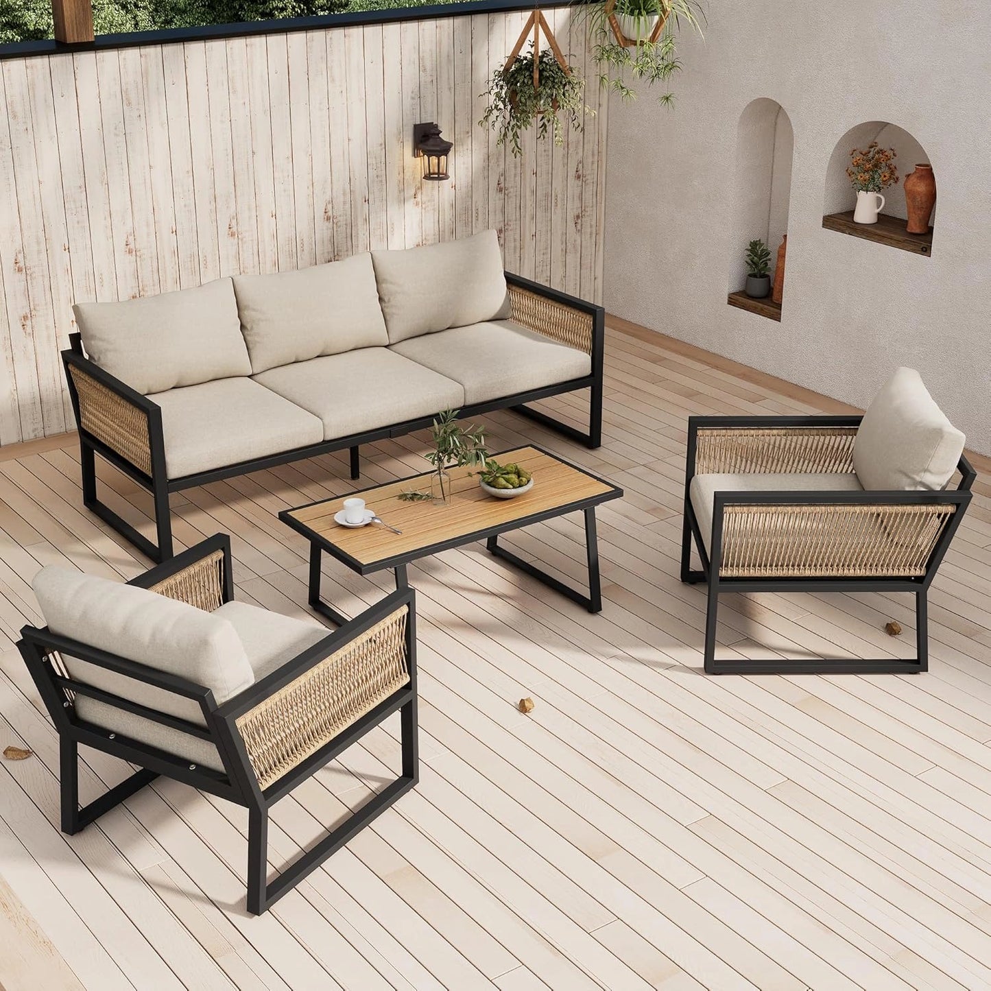 Set de Jardin Merax 5 Places - Canap¨¦, Fauteuils et Table Basse - R¨¦sistant aux Intemp¨¦ries - Beige