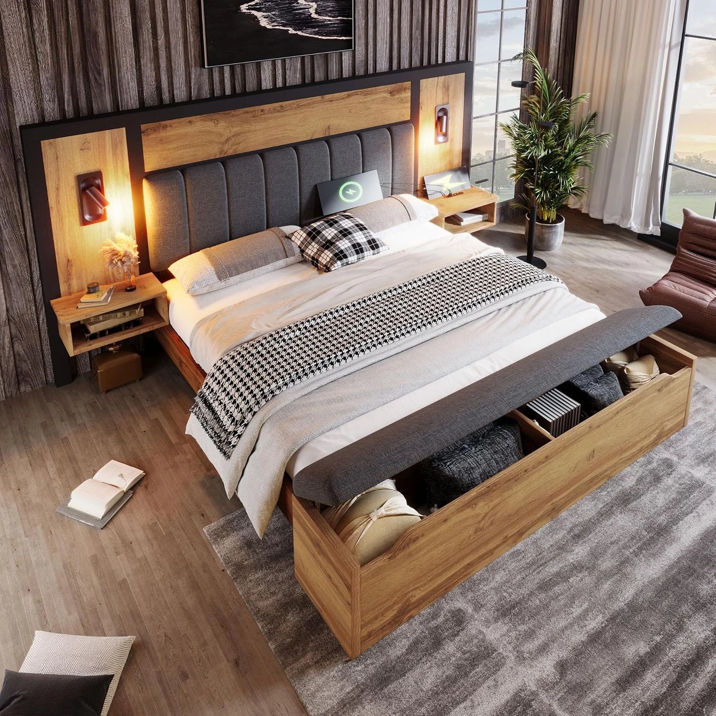 Lit double avec rangement et ¨¦clairage, en m¨¦tal, 160 x 200 cm, sans matelas