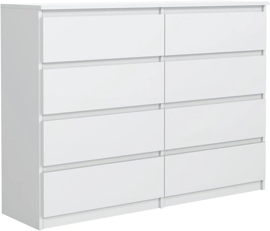 Commode Moderne 8 Tiroirs en Blanc, 120 cm - Rangement Ample pour Chambre ou Bureau