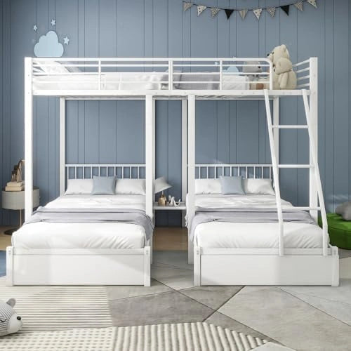 Lit superpos¨¦ enfant 3 places avec tiroirs, structure m¨¦tal et barri¨¨res, blanc
