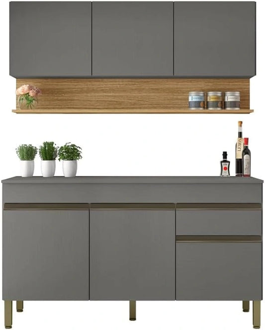 Armoire de Cuisine Moderne 6 Portes et 1 Tiroir, Ch¨ºne et Gris, 150x200x53.3 cm