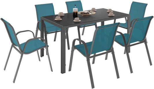 Ensemble Salon de Jardin Madrid Table 150 CM avec 6 Chaises Empilables Bleu Canard