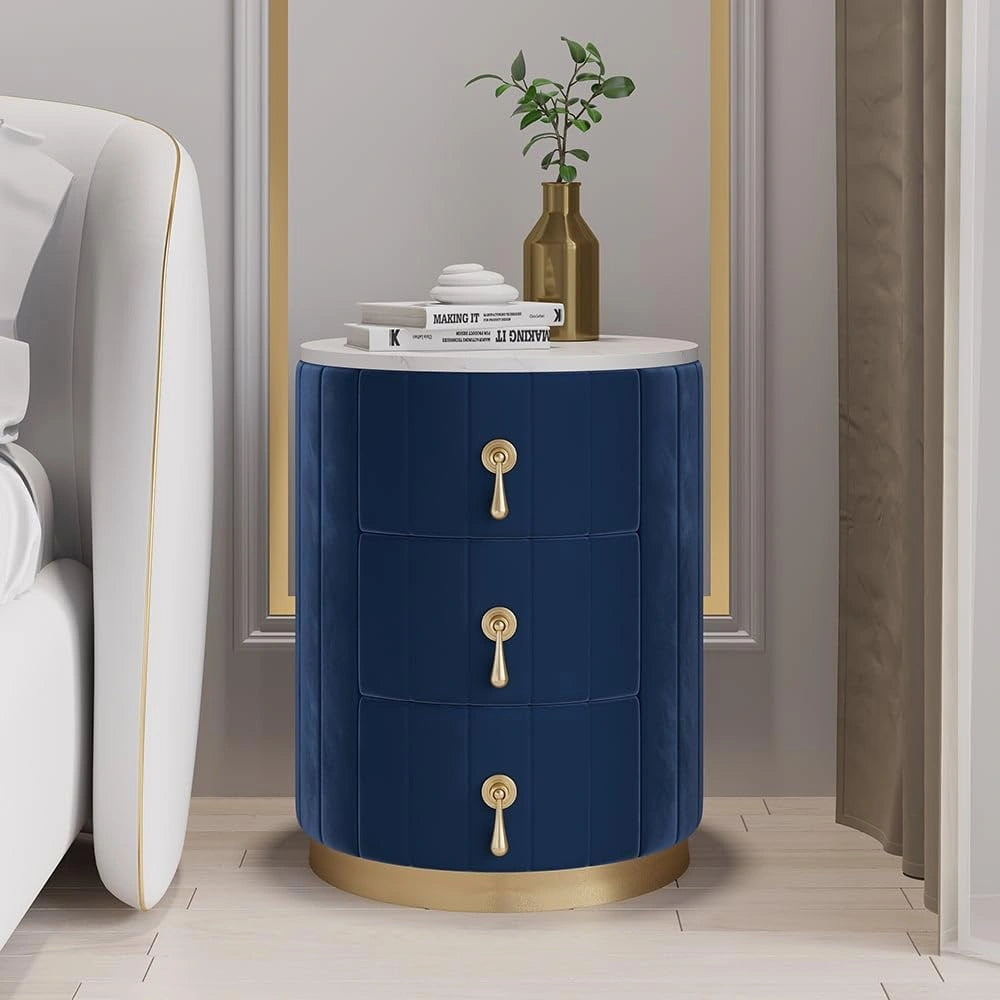 Table de Nuit Ronde en Velours Bleu avec 3 Tiroirs et Plateau en Pierre