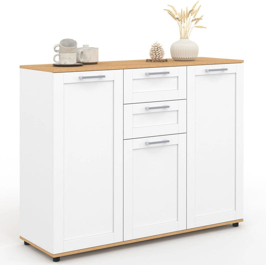 IDMarket - Buffet VITO 3 Portes, 2 Tiroirs Blanc avec Plateau en Bois, 100 cm