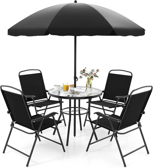Ensemble de Mobilier d'Ext¨¦rieur pour 4 Personnes avec Parasol et Table Ronde - 6 Pi¨¨ces