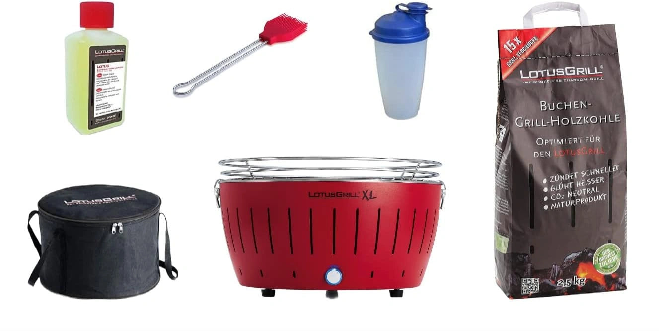 LotusGrill Barbecue XL avec Accessoires : Rouge, Charbon de Bois, Pate Combustible et Plus