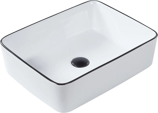 Vasque Carr¨¦e en C¨¦ramique Blanche 49x38 cm avec Bord Noir pour Salle de Bain