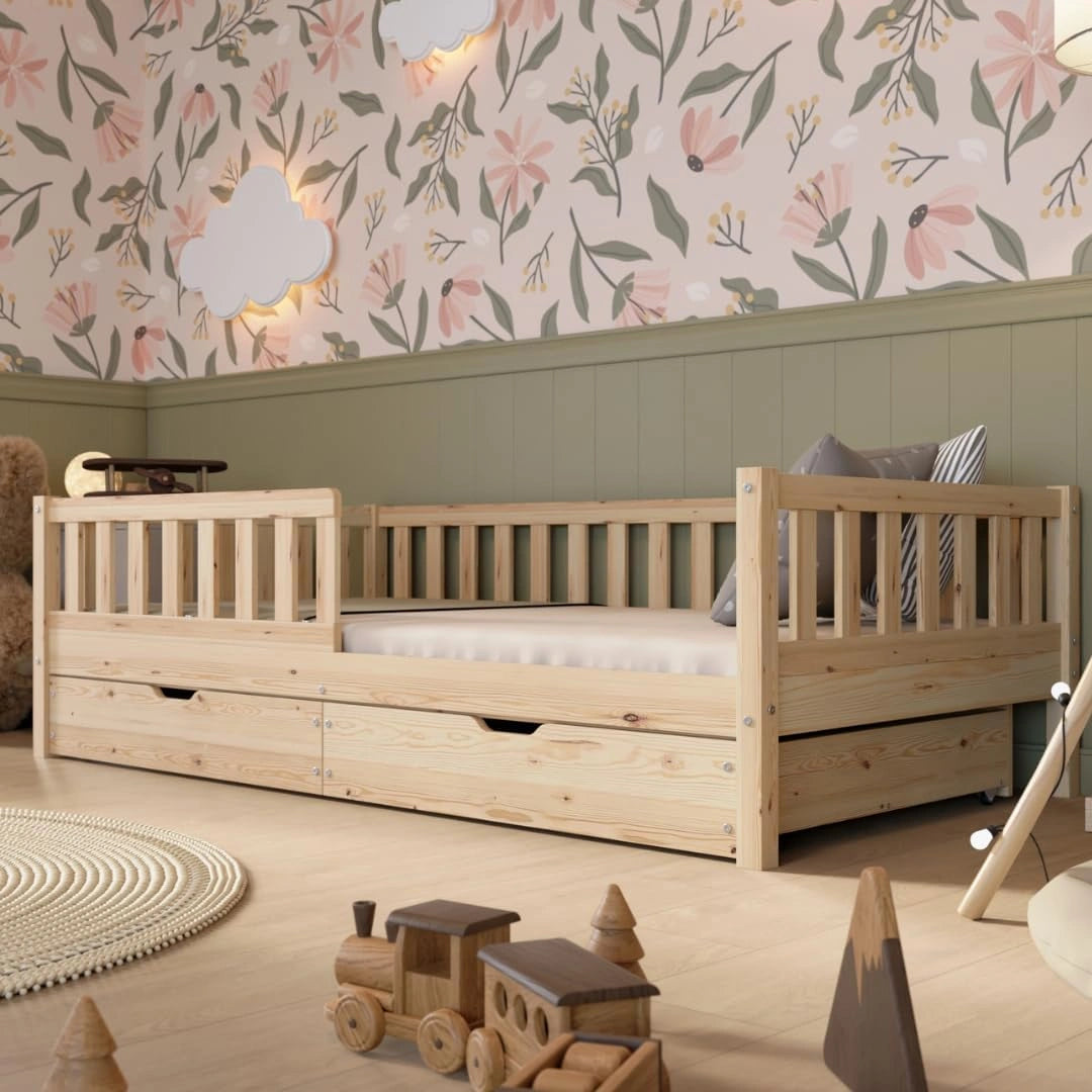 Lit pour Enfant avec Rangements 160x80 cm ¨C Design Montessorien en Bois Durable avec Barri¨¨re de S¨¦curit¨¦ ¨C Style Scandinave, Montage Rapide
