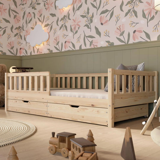 Lit pour Enfant avec Rangements 160x80 cm ¨C Design Montessorien en Bois Durable avec Barri¨¨re de S¨¦curit¨¦ ¨C Style Scandinave, Montage Rapide