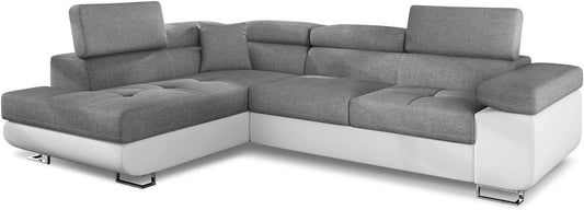 Grand Canap¨¦ d'Angle Convertible 6 Places en Simili Cuir Blanc et Tissu Gris Clair avec T¨ºti¨¨res R¨¦glables