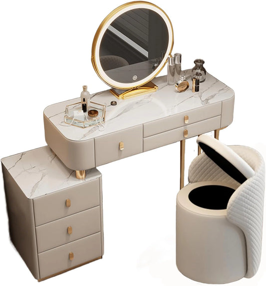 Coiffeuse ¨¦l¨¦gante avec Miroir LED et Plateau en Marbre, Table Multifonctionnelle D¨¦pla?able avec Tabouret de Rangement
