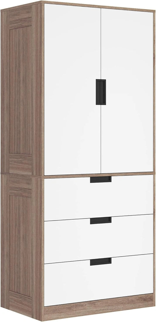 Armoire de Chambre Moderne avec Portes Douces et Tiroirs, Marron et Blanc