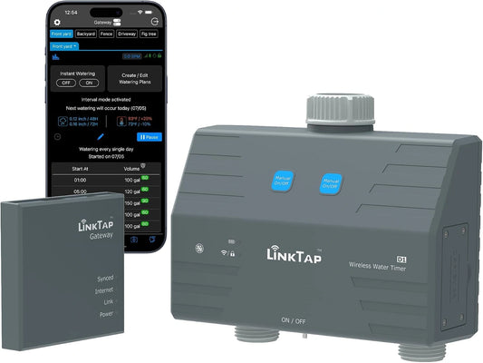 LinkTap D1 Contr?leur d'arrosage intelligent ¨¤ 2 zones avec passerelle, capteurs de d¨¦bit int¨¦gr¨¦s, ajustement m¨¦t¨¦o, d¨¦tection d'erreurs, couverture ¨¦tendue, IP66