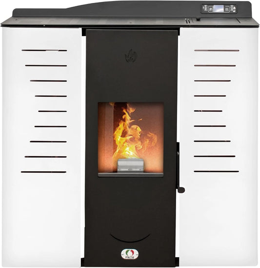 Po¨ºle ¨¤ Granul¨¦s Hydro 25 kW - Chauffage & Eau Chaude - Efficacit¨¦ 90% - Surface 180m2 - Design ¨¦lanc¨¦ - Autonomie 16H - Programmation 5 Niveaux - Garantie 2 Ans - Blanc