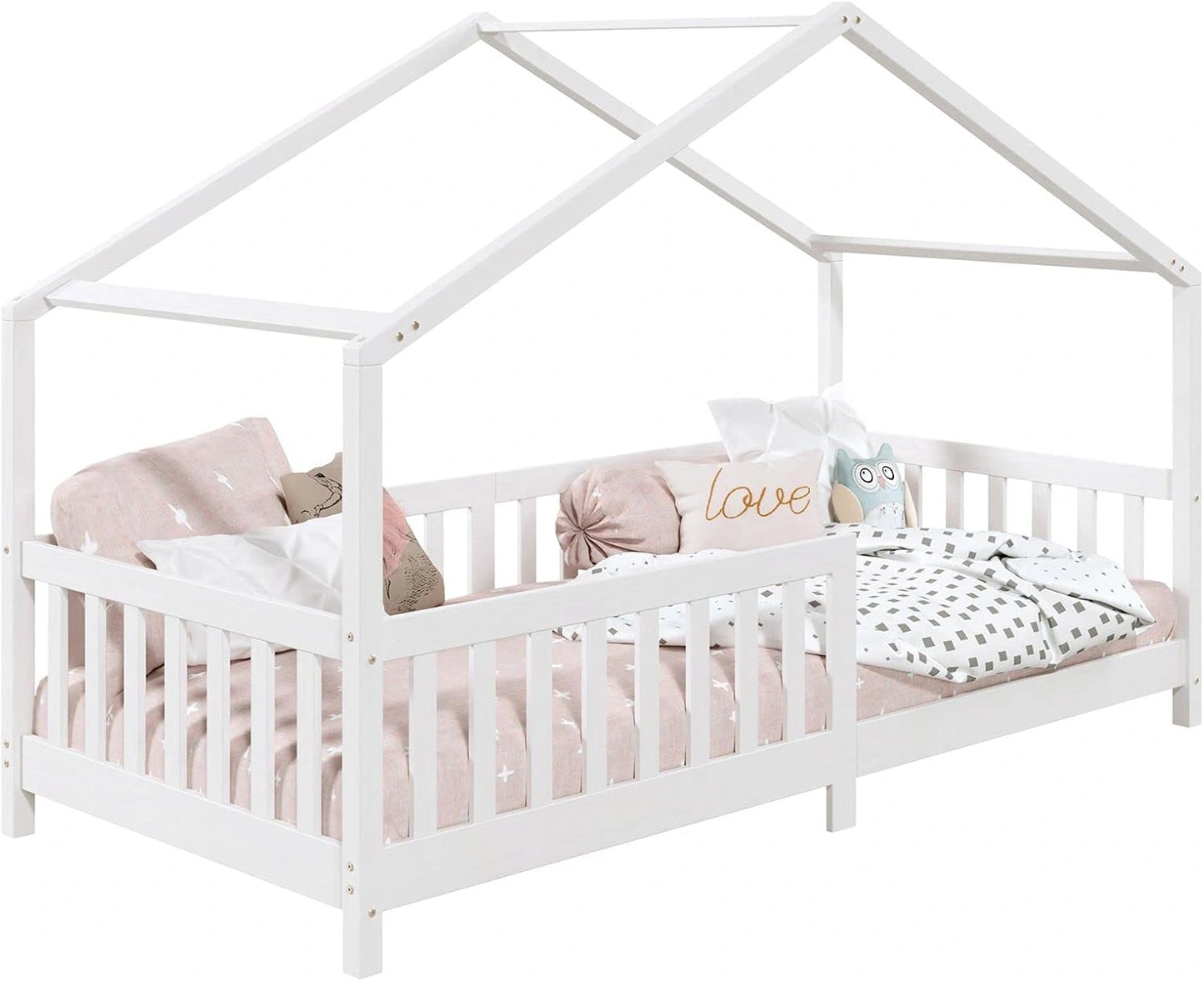 Lit Enfant Cabane 90x190 cm Montessori avec Barri¨¨res en Bois Blanc