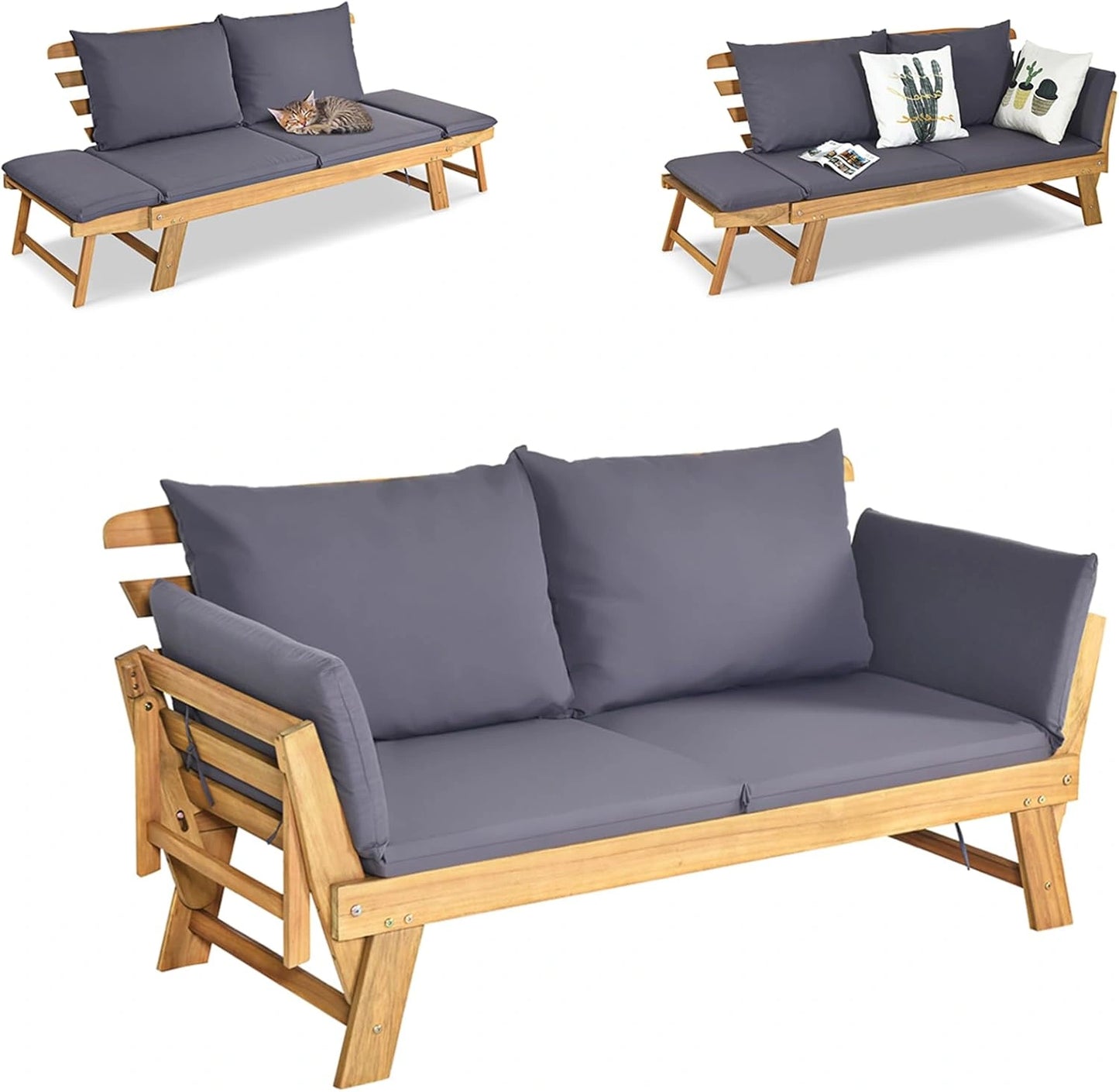 Sofa d'Ext¨¦rieur 2 Places en Acacia avec Accoudoirs R¨¦glables et Coussin - Couleur Gris