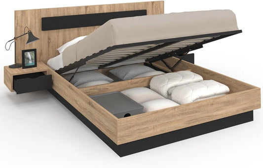 Ensemble Lit Double Santa avec Coffre et Tables de Chevet Int¨¦gr¨¦es, Sommier 140x190cm en Bois et Noir