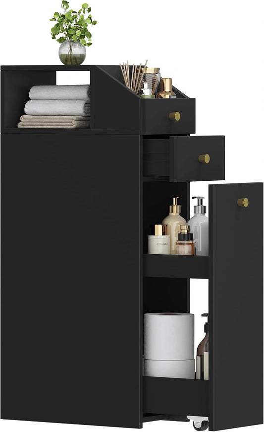 Meuble de Salle de Bain Compact Noir avec Tiroir et Roulettes - 40x20x80 cm