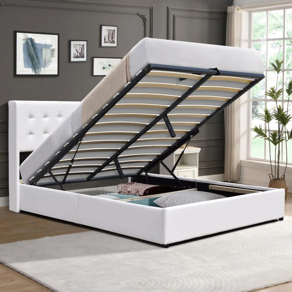 Lit Coffre King of Dreams 140x190 cm Gris avec T¨ºte de Lit Capitonn¨¦e et Rev¨ºtement Simili PVC