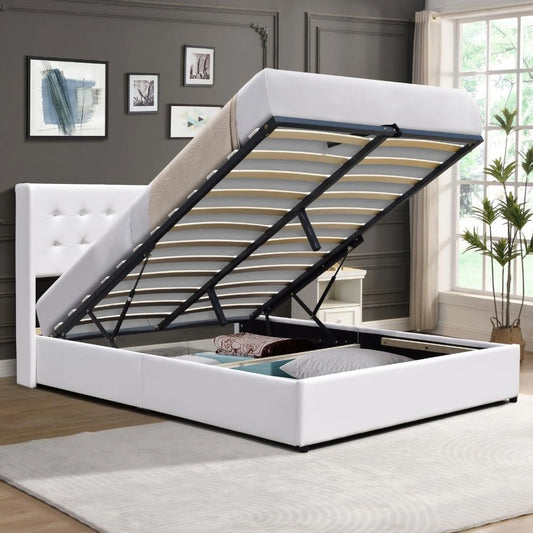 Lit Coffre King of Dreams 140x190 cm Gris avec T¨ºte de Lit Capitonn¨¦e et Rev¨ºtement Simili PVC