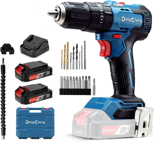 Perceuse ¨¤ percussion sans fil 20V Dong Cheng 50Nm, 2 batteries 2,0Ah, moteur sans balai, mandrin 13mm, 2 vitesses, LED int¨¦gr¨¦e, chargeur inclus