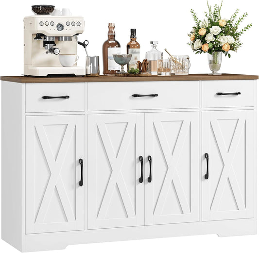 Buffet HOCSOK 140 cm, Meuble de Cuisine avec Etag¨¨res R¨¦glables et 3 Tiroirs, Armoire de Rangement 4 Portes, Blanc et Antique