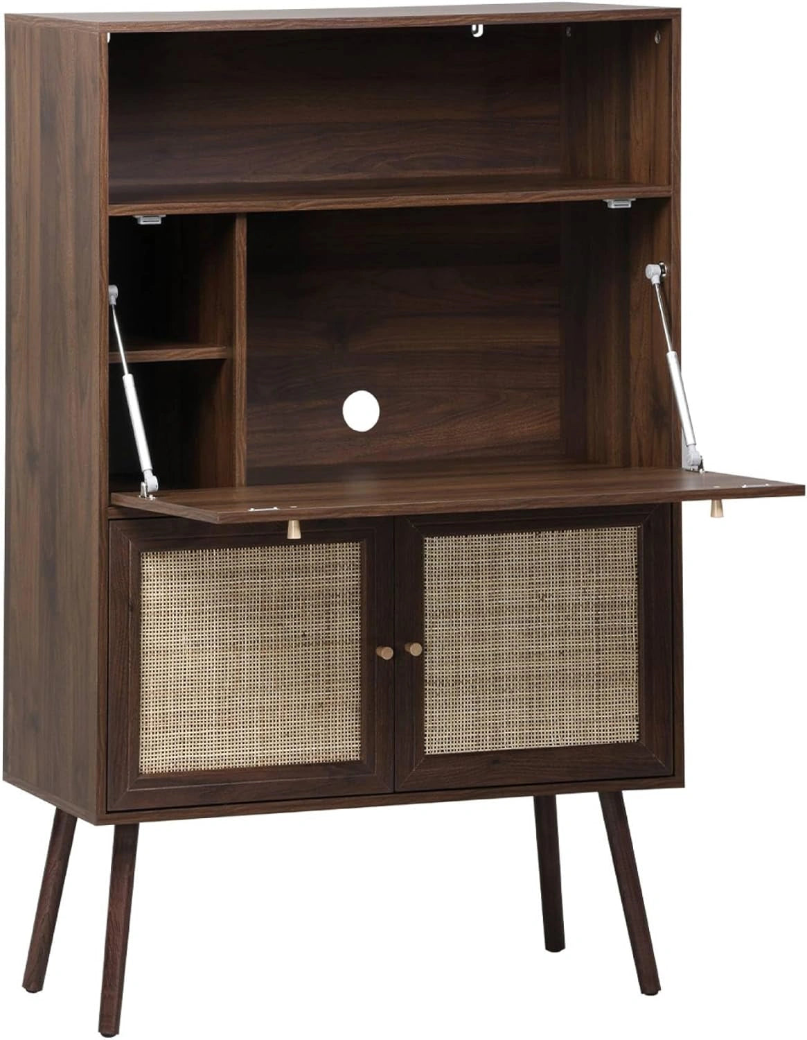 Secr¨¦taire en Bois et Rotin avec 2 Portes Noix - Style Boh¨¨me Chic