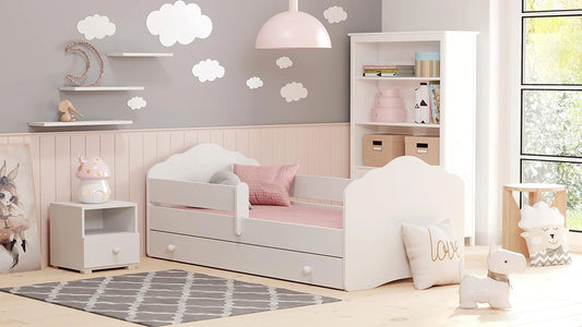 Lit Enfant Blanc KOBI avec Rangement et Tiroir 160x80 cm | Matelas Inclus | S¨¦curit¨¦ avec Barri¨¨re | Chambre B¨¦b¨¦