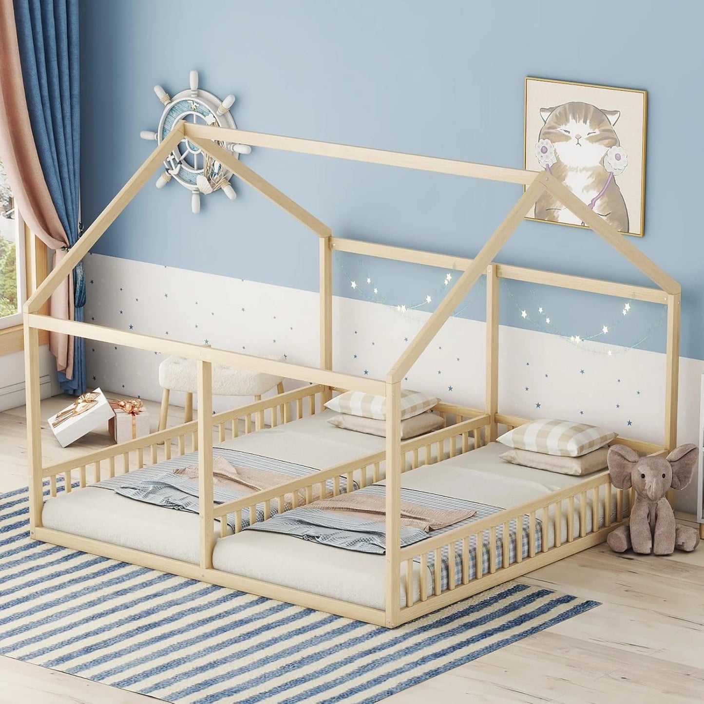 Lit Cabane Enfant 90x200 cm avec Barri¨¨res de S¨¦curit¨¦, Structure en Bois Naturel