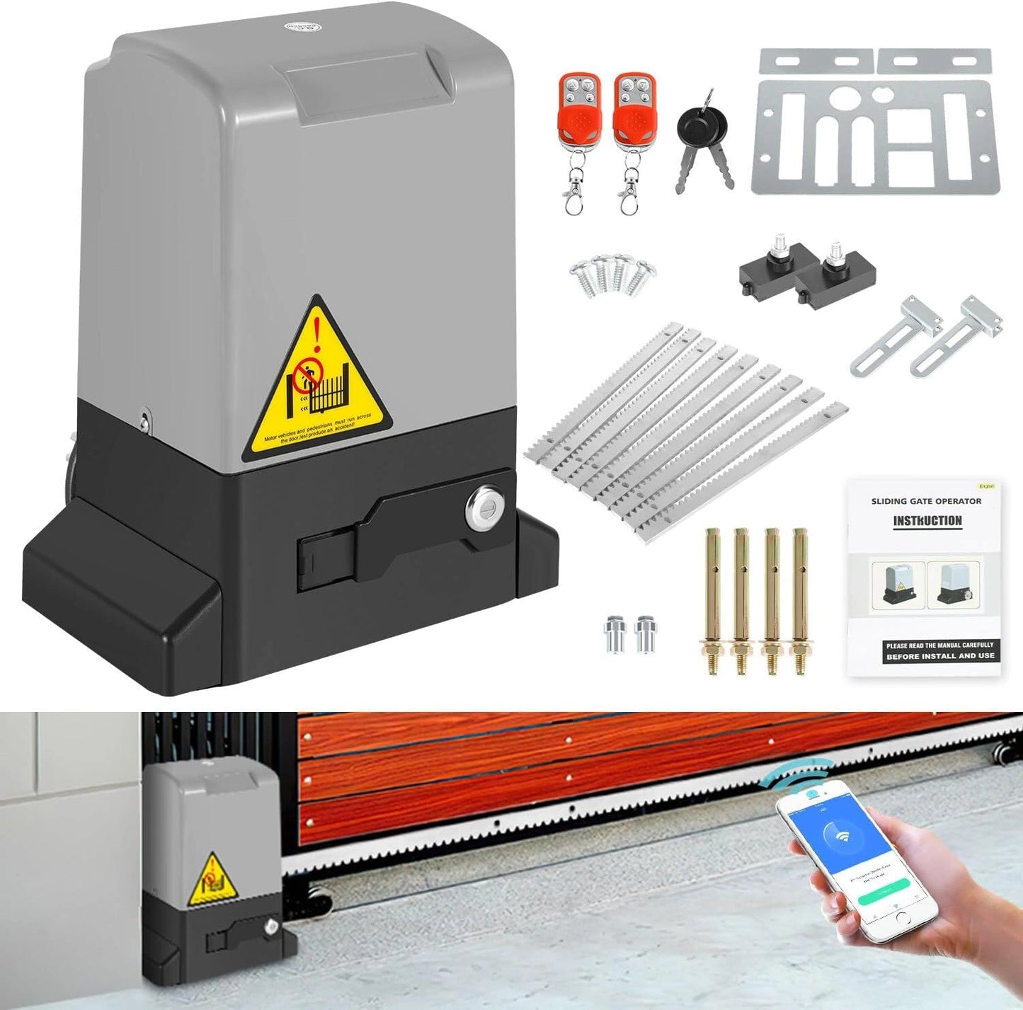 Syst¨¨me de motorisation pour portail coulissant 370W, capacit¨¦ 800 kg, WiFi, avec t¨¦l¨¦commandes et cr¨¦maill¨¨re