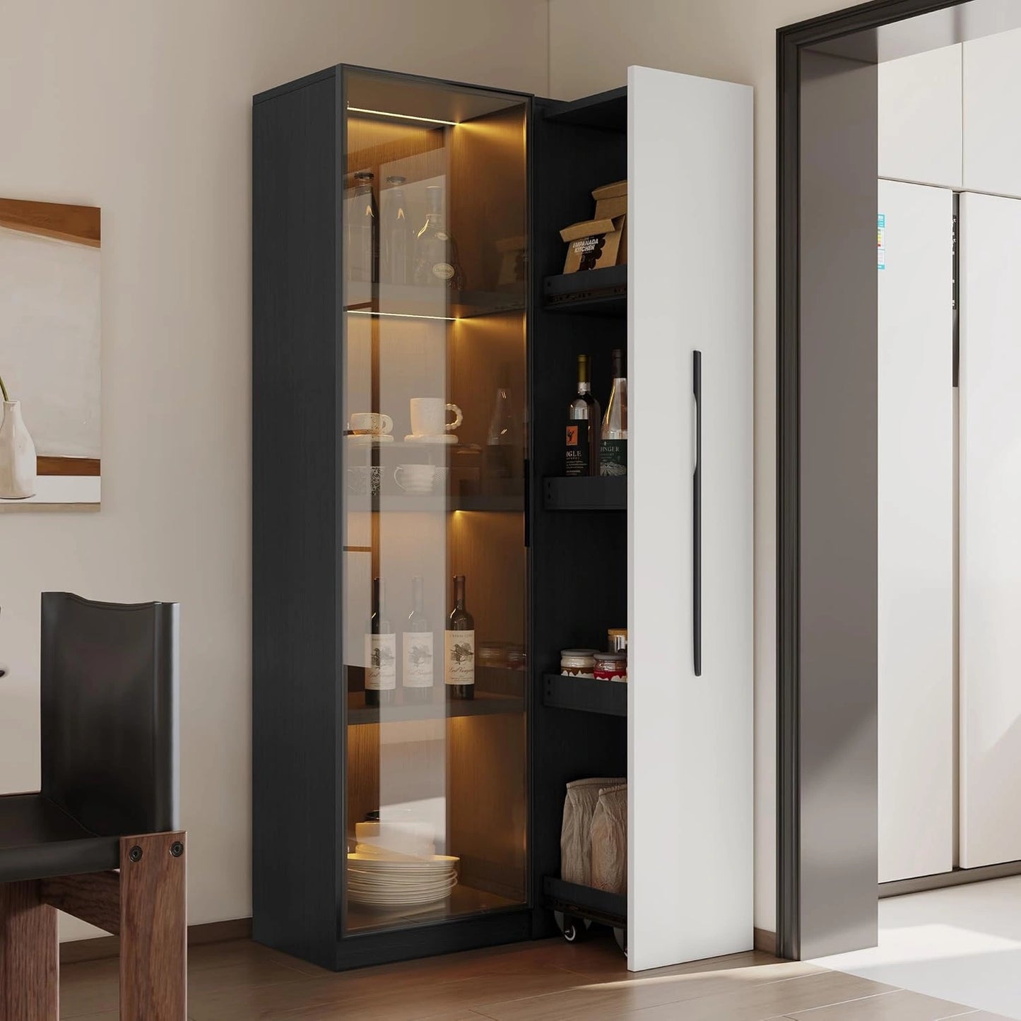 Vitrine ¨¦l¨¦gante en Verre Tremp¨¦ avec ¨¦clairage LED et Roulettes, 70x40x160 cm