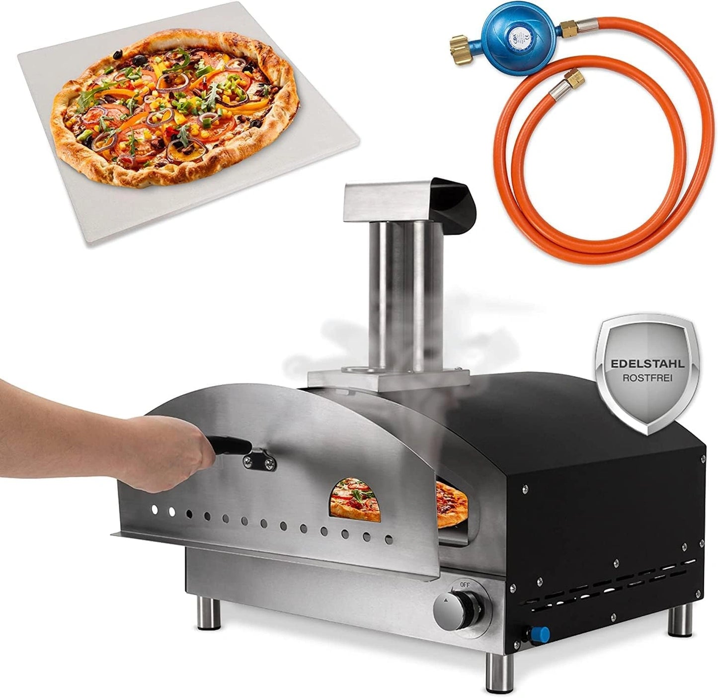 Four ¨¤ pizza au gaz Heidenfeld Venezia - Inox, 500¡ãC, Pierre ¨¤ pizza, Vitre frontale, Chemin¨¦e avec chapeau de pluie, Usage ext¨¦rieur