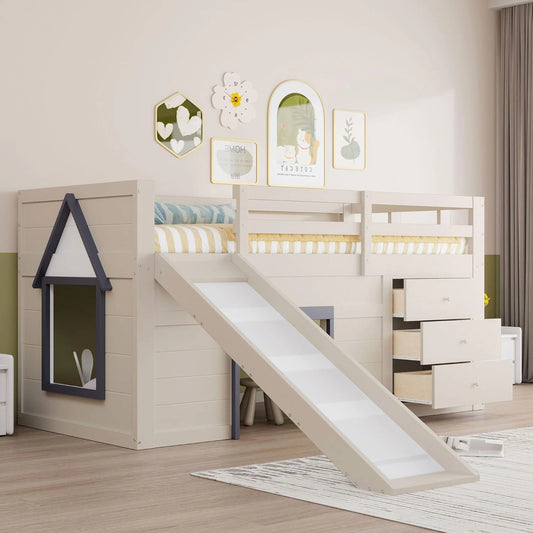 Lit Enfant en Bois avec Toboggan et Espace de Rangement - 90 x 200 cm - S¨¦curit¨¦ Antichute et ¨¦chelle Incluses