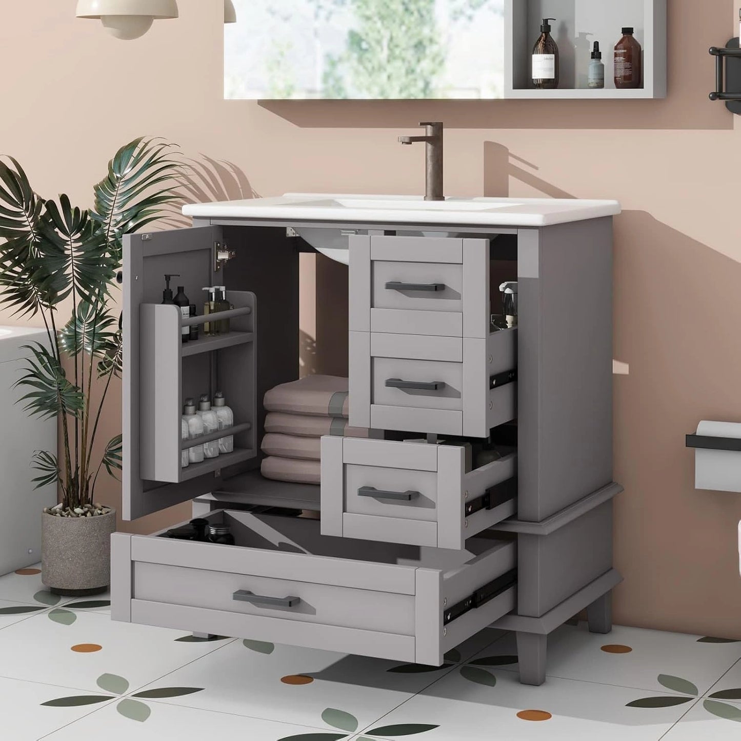 Meuble de Salle de Bains Sweiko avec Lavabo 76x46x83,5 cm, Armoire avec ¨¦tag¨¨res et Trois Tiroirs Silencieux, Lavabo en C¨¦ramique Gris Moderne