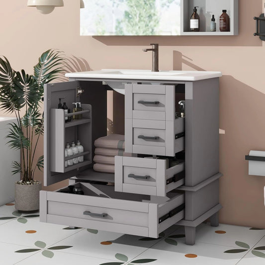 Meuble de Salle de Bains Sweiko avec Lavabo 76x46x83,5 cm, Armoire avec ¨¦tag¨¨res et Trois Tiroirs Silencieux, Lavabo en C¨¦ramique Gris Moderne