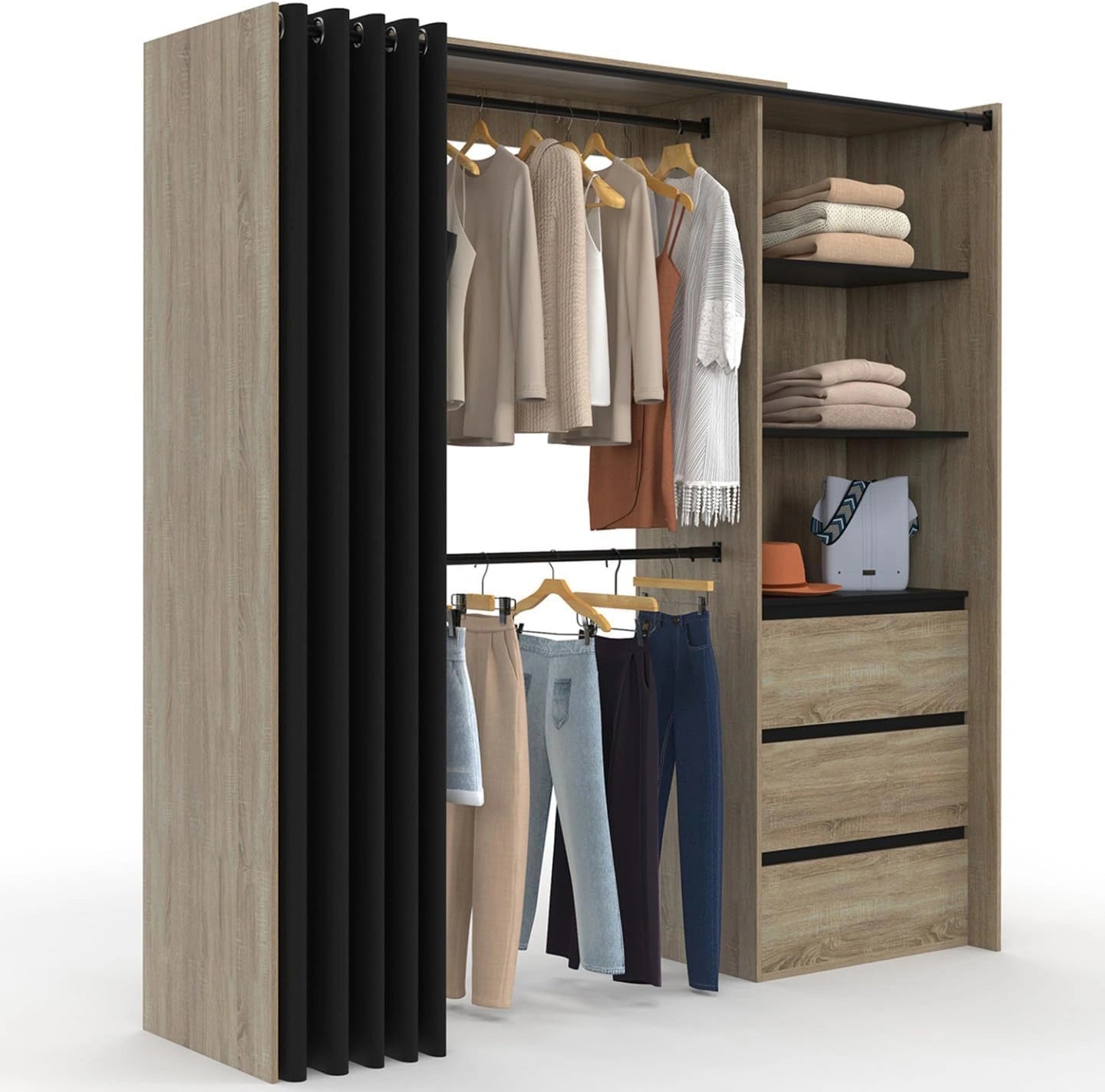 Armoire Extensible MARTY en H¨ºtre avec Tiroirs, ¨¦tag¨¨res et Penderie Double + Rideau Noir