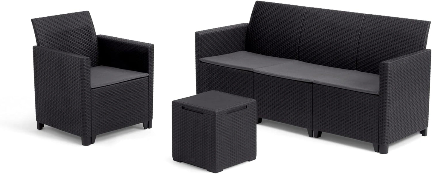 Ensemble Salon de Jardin Keter Nora 4 Places avec Coussins et Table de Rangement, Configuration Flexible, Couleur Graphite
