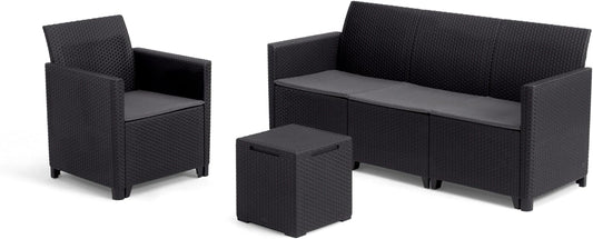 Ensemble Salon de Jardin Keter Nora 4 Places avec Coussins et Table de Rangement, Configuration Flexible, Couleur Graphite
