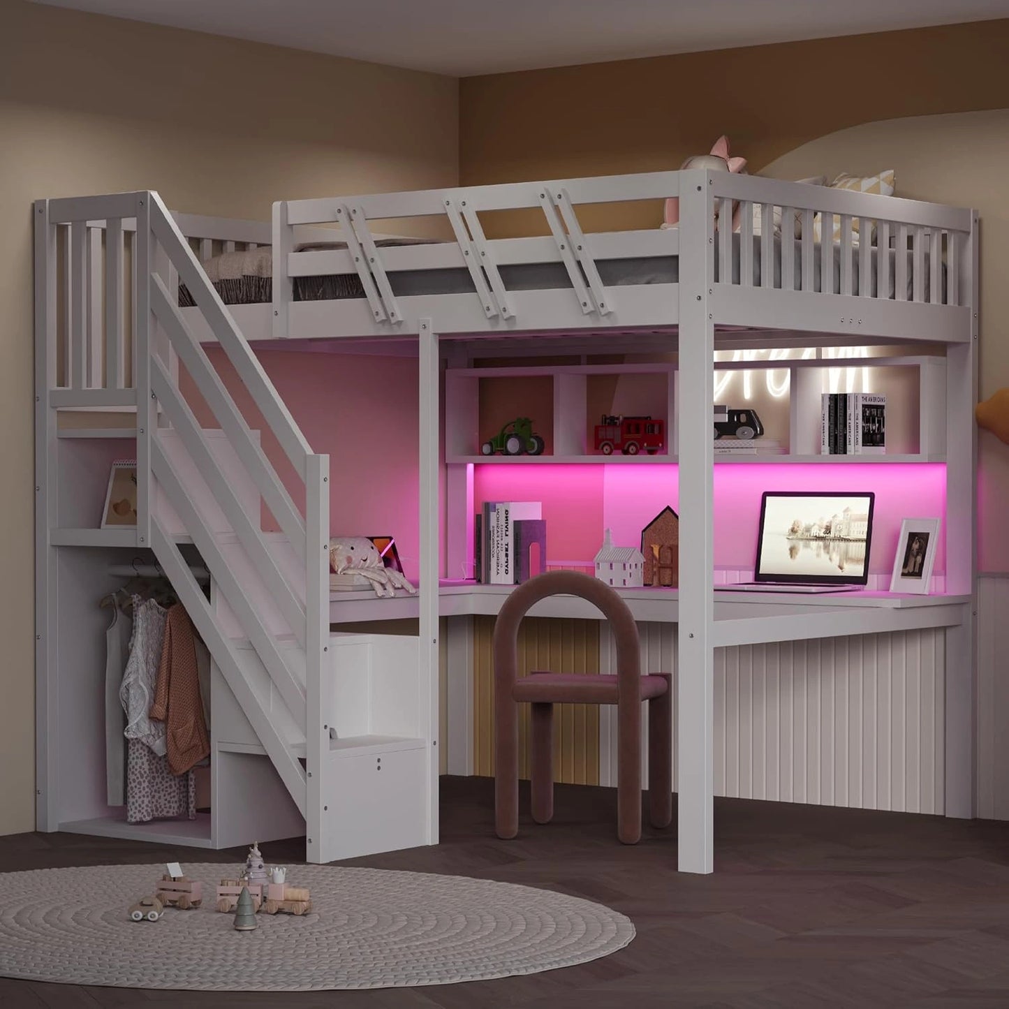 Lit mezzanine en bois 140x200 cm avec bureau int¨¦gr¨¦ et espaces de rangement