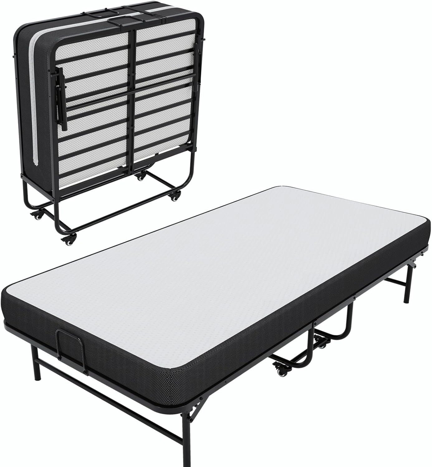 Lit Pliant 1 Place 90x200 cm avec Matelas en Mousse, Structure M¨¦tallique et Roulettes, Charge Maximale 250 kg, Noir